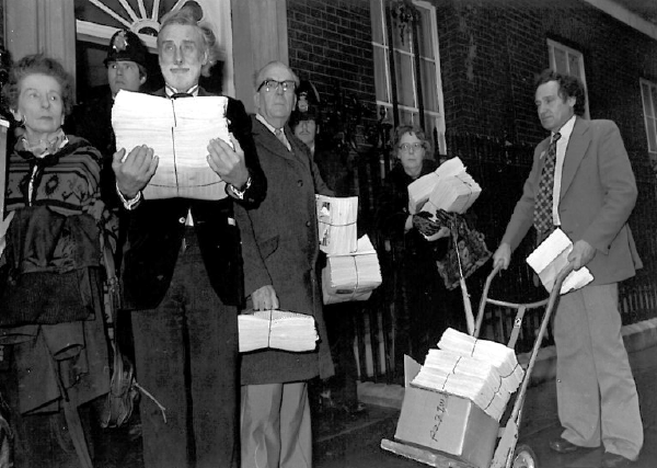 A group of old Animals' Voice members delivering petitions
